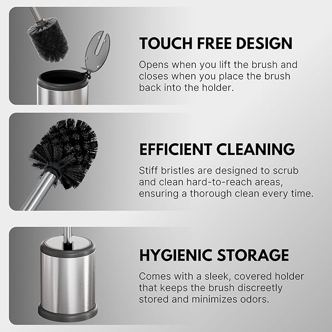 ToiletTree Products Toilet Brush with Lid - Sleek Toilet Bowl Brush and Holder - Toilet Scrubber Brush Set with Heavy-Weight Base - Lidded Toilet Bowl Cleaner Brush and Holder - Chrome