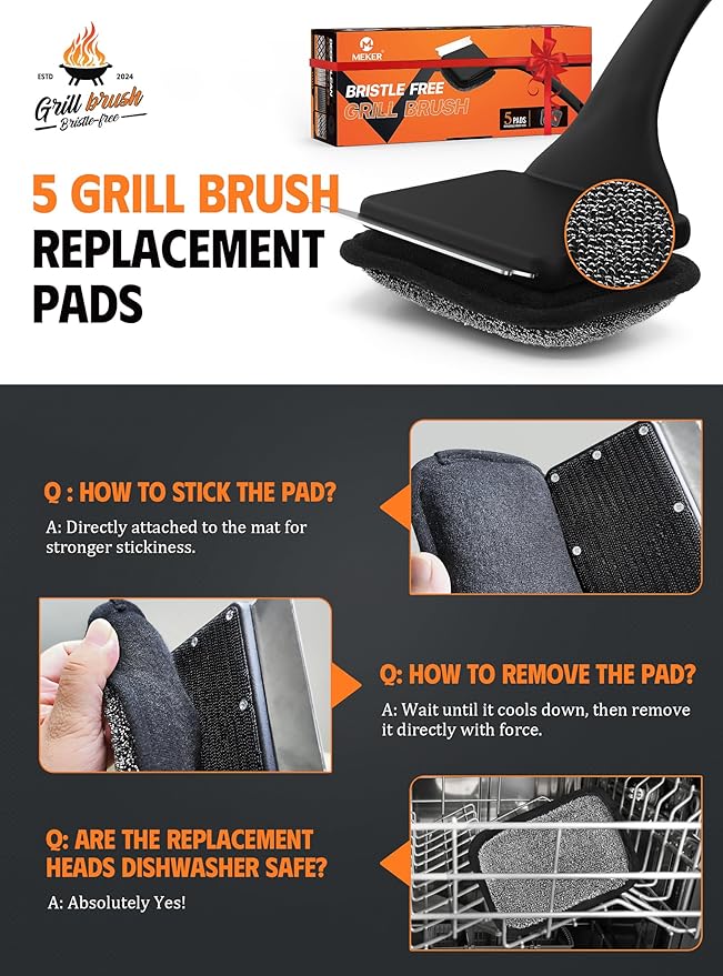 MEKER Grill Brush Bristle Free, Grill Cleaner Brush with 5 BBQ Replacement Head for Cast Iron, Stainless Steel Grates, Safe Grill Scraper Outdoor BBQ Grill, Black