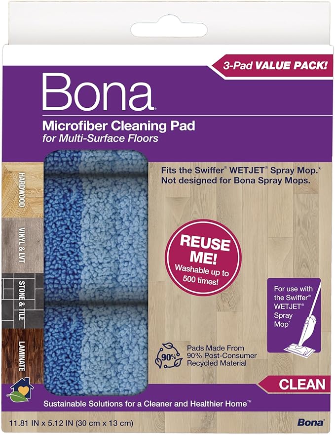 Bona® Microfiber Cleaning Pads for use with Swiffer® WETJET® Spray Mop only, 3 Pack, Washable & Reusable up to 500 Times