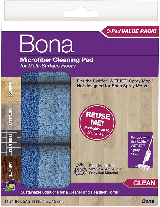 Bona® Microfiber Cleaning Pads for use with Swiffer® WETJET® Spray Mop only, 3 Pack, Washable & Reusable up to 500 Times