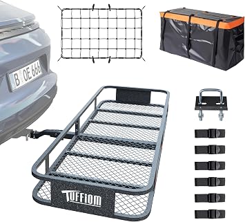 TUFFIOM 60"x20"x6" Folding Hitch Mount Cargo Carrier Basket, 500lbs Steel Car Cargo Trailer Hitch Luggage Rack with Net,
