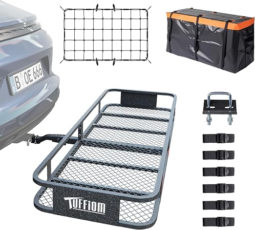 TUFFIOM 60"x20"x6" Folding Hitch Mount Cargo Carrier Basket, 500lbs Steel Car Cargo Trailer Hitch Luggage Rack with Net,