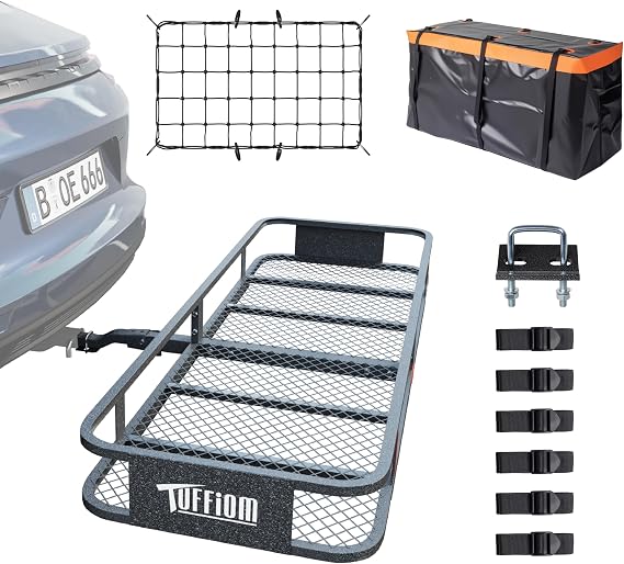 TUFFIOM 60"x20"x6" Folding Hitch Mount Cargo Carrier Basket, 500lbs Steel Car Cargo Trailer Hitch Luggage Rack with Net,