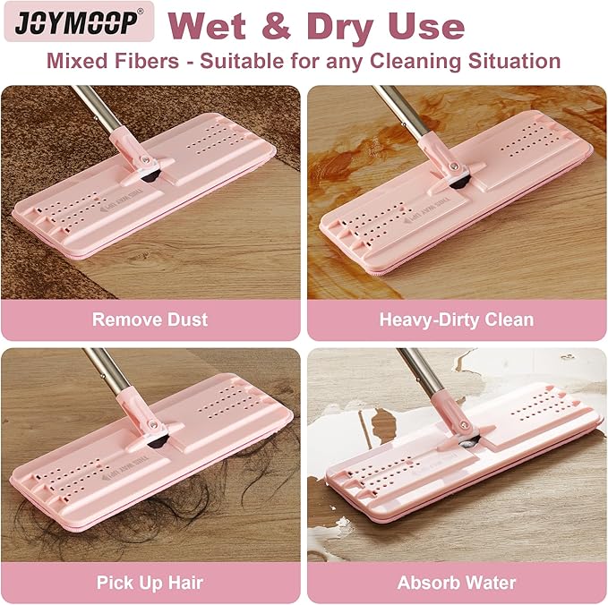 JOYMOOP Microfiber Replacement Pads for 13-Inch Flat Mop and Bucket System, Reusable Refills, Pack of 2, Stripe and Pink