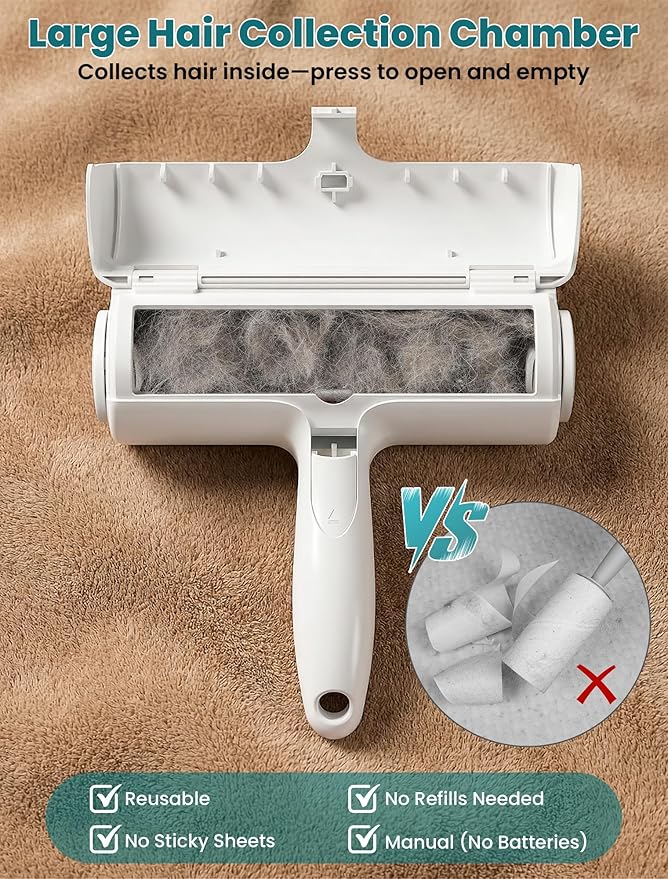 DELOMO Pet Hair Remover Roller: Reusable Lint Roller with Large Fur Bin - Portable Cat and Dog Hair Remover for Couch, Bedding, Car, Rugs & Furniture, Effective and Eco-Friendly, for Multi-Pet Homes