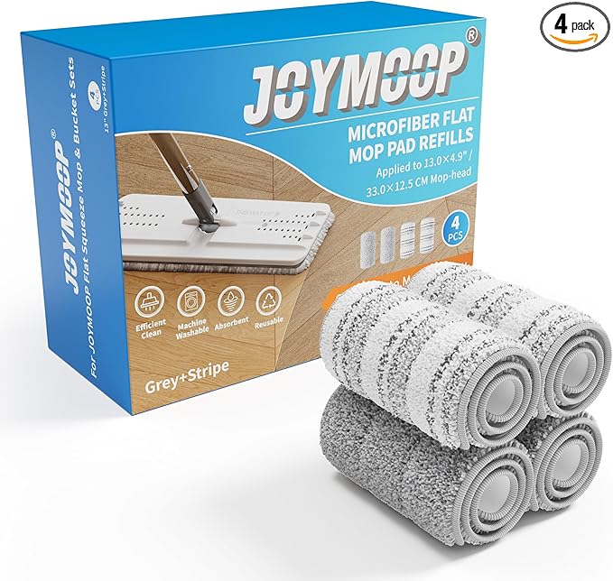 JOYMOOP Microfiber Mop Replacement Pads, 4-Pack 13" × 4.9", Dual Grey & Stripe Pads for Wet & Dry Cleaning, Compatible with Microfiber Flat Mop Heads, Machine Washable, Durable and Scratch-Free