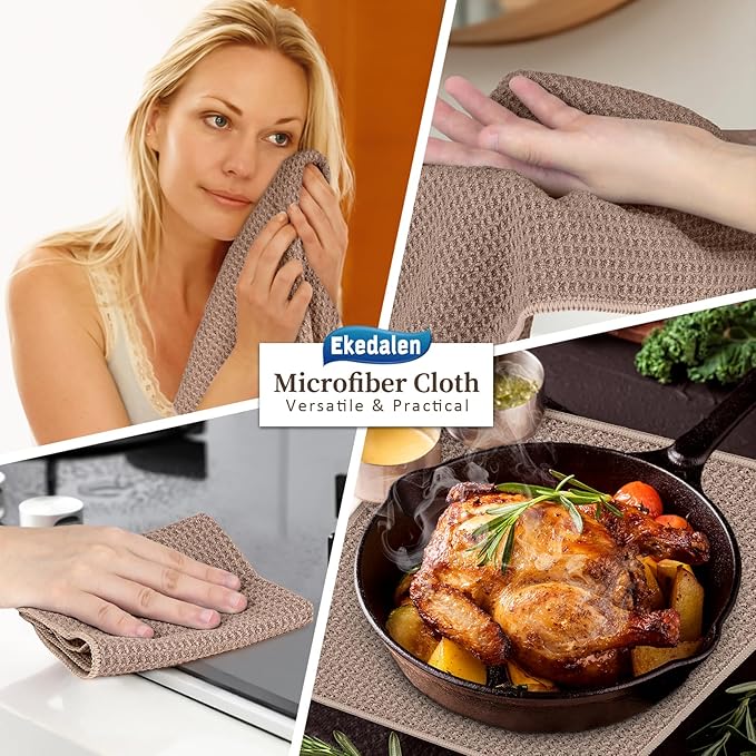 Microfiber Cleaning Cloth Waffle Weave for Dusting Absorbent Towel Quick Drying Dust Rags Household Kitchen, Lint Free Streak Free, 6 Pack,12 x 12 Inches, Khaki