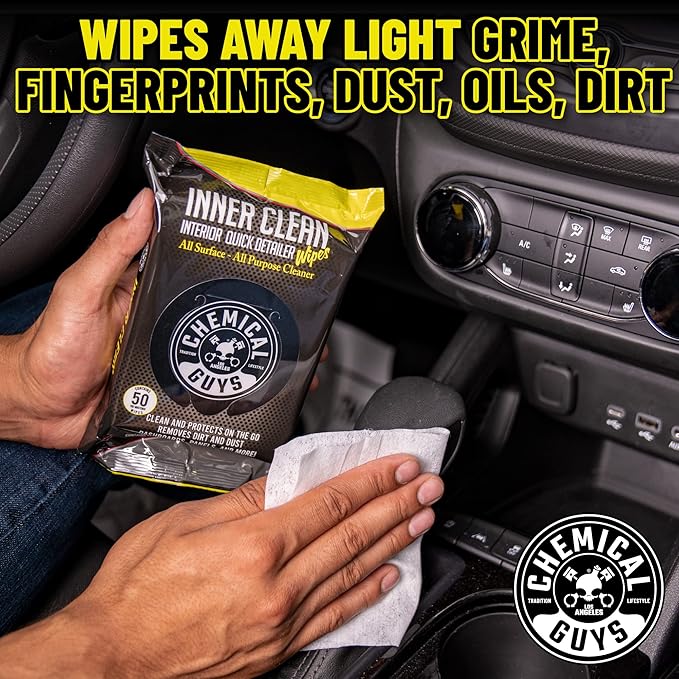 Chemical Guys InnerClean Interior Quick Detailer & Protectant Wipes – 50 Pack Multi Surface Interior Cleaner Wipes for Dashboards, Doors and Seats – Safe for Cars, Trucks, SUVs, RVs and Home Use