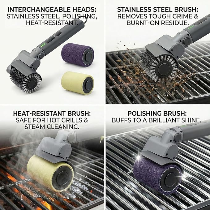 Electric Grill Brush 3-in-1 Kit – Cordless BBQ Cleaner with Reinforced Safe Metal Bristles – 2 Hours Runtime, Waterproof & Dishwasher Safe Removable Brushes for Deep Cleaning (Light Gray)