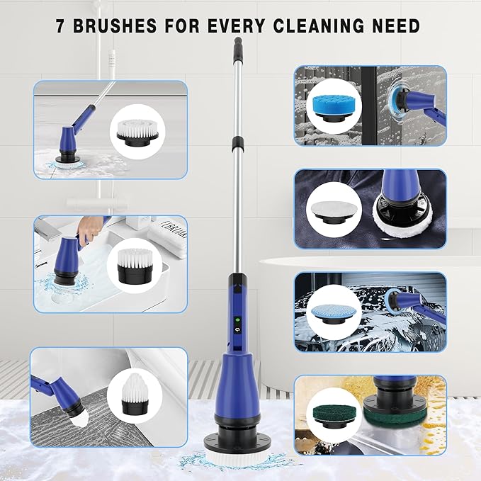 KEROMEE Electric Spin Scrubber Cordless Bathroom Scrubber with Adjustable Long Handle, 2 Speeds Power Cleaning Brush with 7 Replaceable Brush Heads for Bathtub, Tile, Floor (Blue)