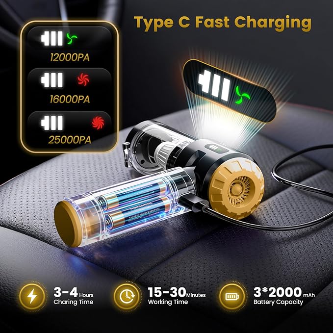 Wansimoo Handheld Car Vacuum Cleaner,25000PA Strong Cyclonic Suction Foldable Mini Vacuum Portable Cordless with Digital Display and One Touch Dust Removal for Car, Home, Office, Kitchen (Gold)