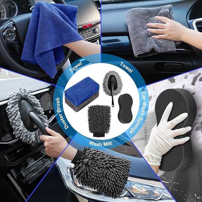 40Pcs Car Wash Detailing Kit Cleaning Kits with Foam Gun Sprayer Vacuum with Long Cord Drill Brush Large Wash Mitt Towels Complete Interior Exterior Car Washing Supply Set Black
