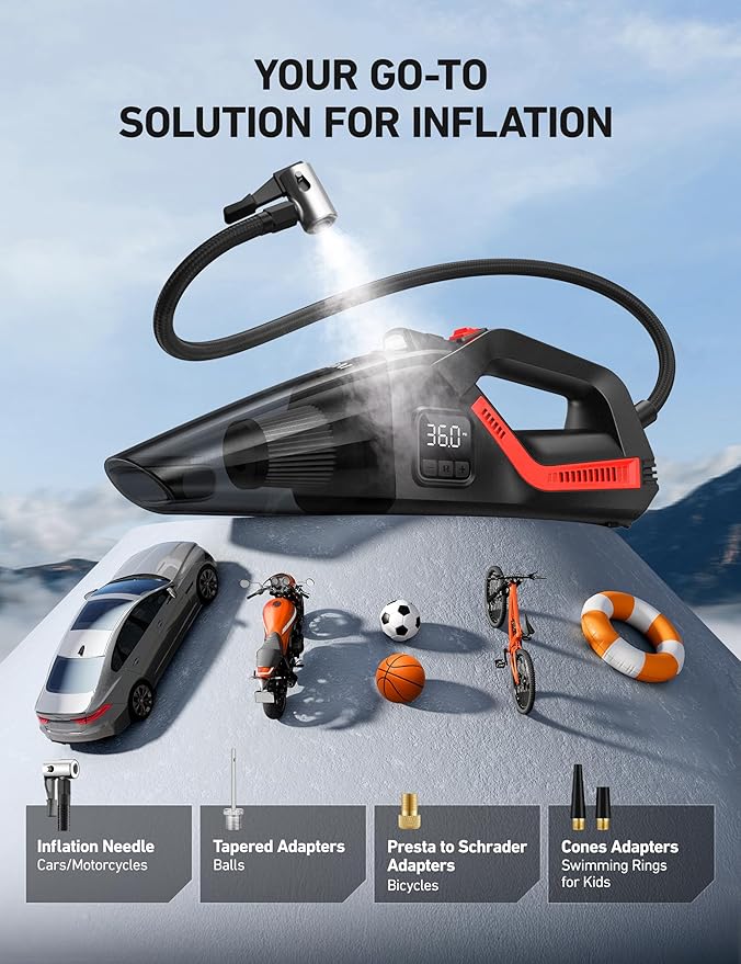 AstroAI 4-in-1 V3 Portable Handheld Car Vacuum Cleaner & Tire Inflator, 150 PSI Portable Air Compressor with Digital Dual Values Display, LED Light, 12V DC, 16.4FT Cord for Cars, Bikes, SUVs