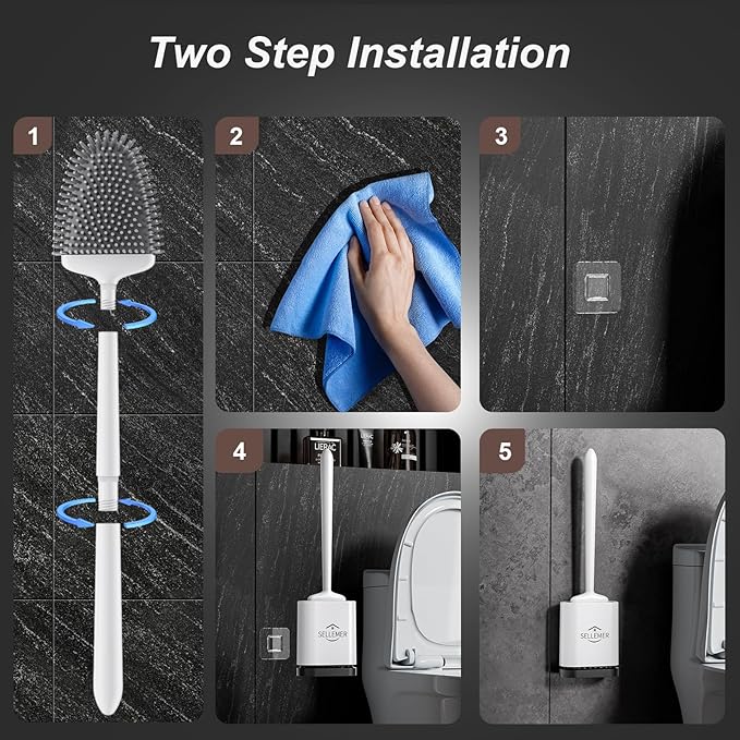 Sellemer Toilet Brush and Holder Set - Flexible Toilet Bowl Brush Head with Silicone Bristles, Compact Size for Storage and Organization, Ventilation Slots Base (1 Pack, Pearl White)