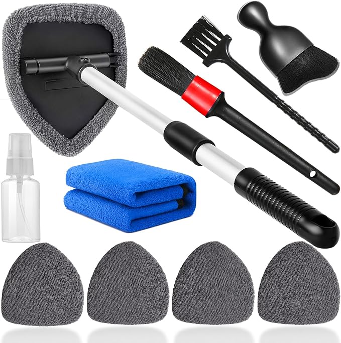 Qydipclin 10pcs Windshield Cleaning Tool Inside Car Window Cleaner Wash Kit with 4 Reusable Microfiber Pads 1 Spray Bottle and Extendable Handle Interior Auto Glass Wiper Kit, Gray