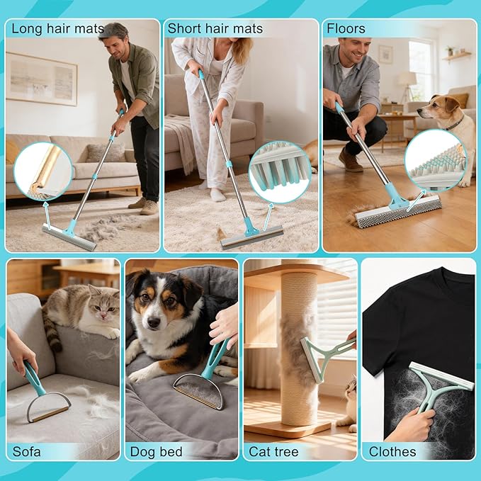Vivifying Carpet Rake Pet Hair Remover Set, 56” Adjustable Long Handle Plus 2 Handheld Tools, Deep Cleans Pet Hair from Carpets, Rugs, Mats & Upholstery