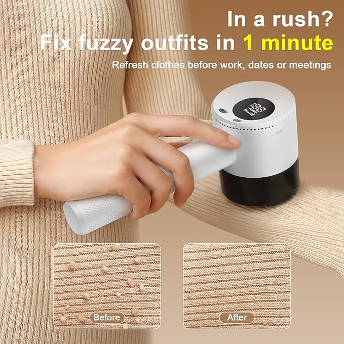 Heapsion Fabric Shaver Lint Remover, 10700 RPM Sweater Shaver with 6-Blade Head, Hidden Lint Roller, 3-Speed Fuzz Remover, LED Display, Type-C Rechargeable for Clothes & Furniture