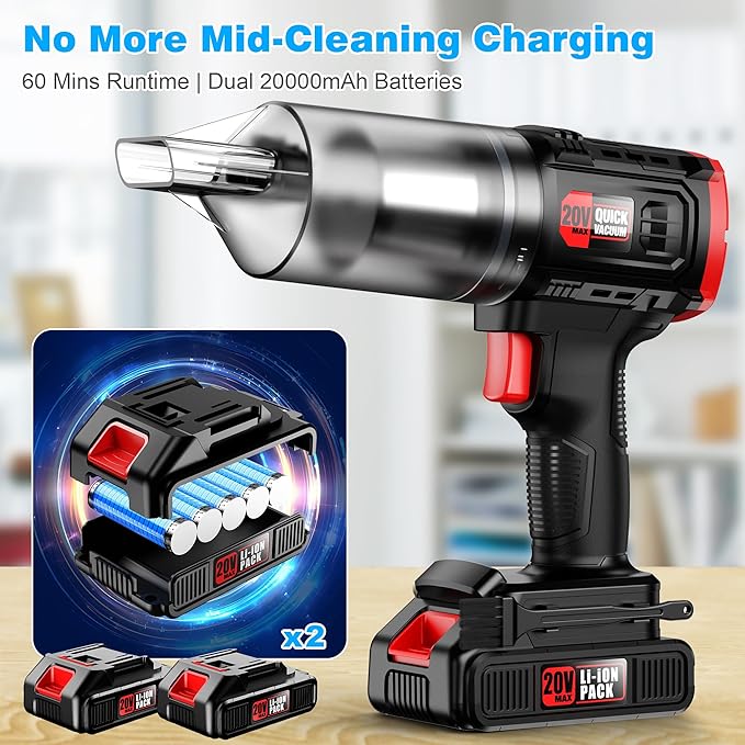 Car Vacuum Cordless, 35000PA Strong Suction Handheld Vacuum with 2 Detachable Batteries, 60Min Runtime Portable Vacuum Cleaner for Car Detailing, Pet Hair, Home Couch & Office, 350ML XL Dust Cup
