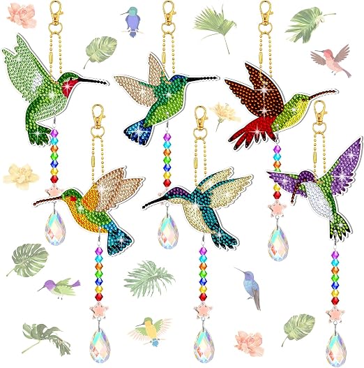 Tradder 6 Pcs Diamond Art Painting Rhinestone Hummingbird Wind Chimes Birds Art Kits for Adults Diamond Summer Decor Sun