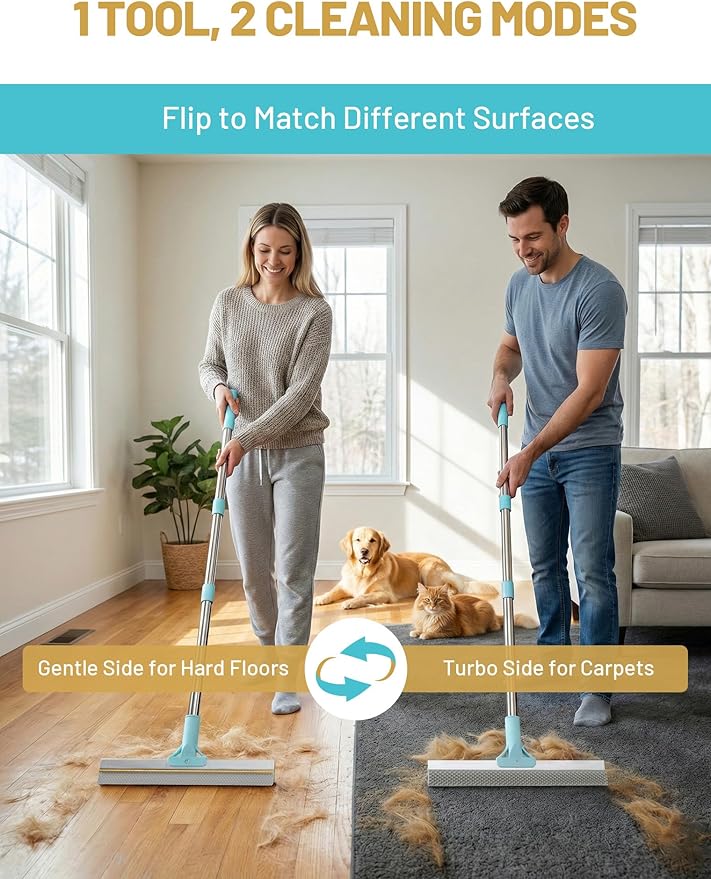 Carpet Rake for Pet Hair Removal: DELOMO Carpet Scraper Broom with 54” Adjustable Long Handle, Dual-Sided, Metal + Short Silicone for Carpets & Rugs, Extended Silicone for Shag Rugs & Hard Floors