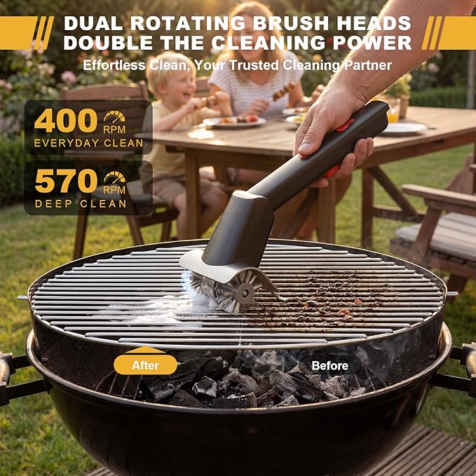 Electric Grill Brush, Cordless Rechargeable Grill Cleaner with LED Light & Water Spray, BBQ Cleaning Brush with 2 Speeds, 304 Stainless Steel Heat Resistant Grill Brush for Outdoor Camping & Grilling