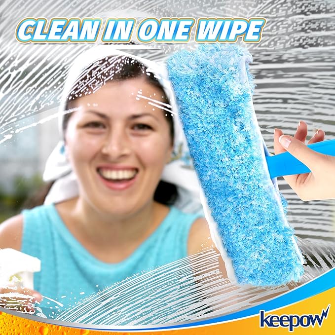 KEEPOW 10" Professional Microfiber Window Scrubber Refill Replacement Compatible with MR.SIGA, Compatible with Ettore Window Cleaning Tools, Reusable & Washable Window Squeegee for Home (2 Pack)