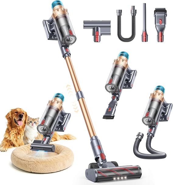 Cordless Vacuum Cleaner, 55KPA 650W 70Mins Stick Vacuum Cleaners for Home with Motorized Bed Brush, Flexible Hose, LED T