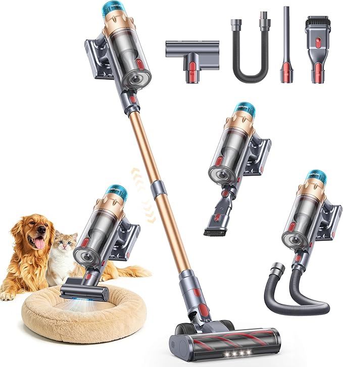 Cordless Vacuum Cleaner, 55KPA 650W 70Mins Stick Vacuum Cleaners for Home with Motorized Bed Brush, Flexible Hose, LED T