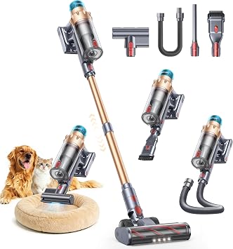 Cordless Vacuum Cleaner, 55KPA 650W 70Mins Stick Vacuum Cleaners for Home with Motorized Bed Brush, Flexible Hose, LED T