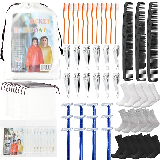 84 Pcs Homeless Care Package Supplies Bulk Hygiene Kits with Nail Clipper, Prepasted Disposable Toothbrushes, Razors, Po