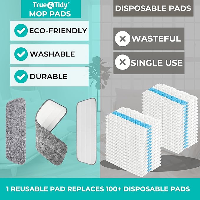 True & Tidy® 2pc Microfiber Mop Pad Refill for SPRAY-250 Multi-Surface Spray Mop with 490ml Refillable Water Bottle for Floor Cleaning