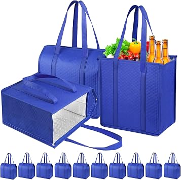 10 Pack 18L Thermal Cooler Bags, Zipper Top Grocery Carry Totes
