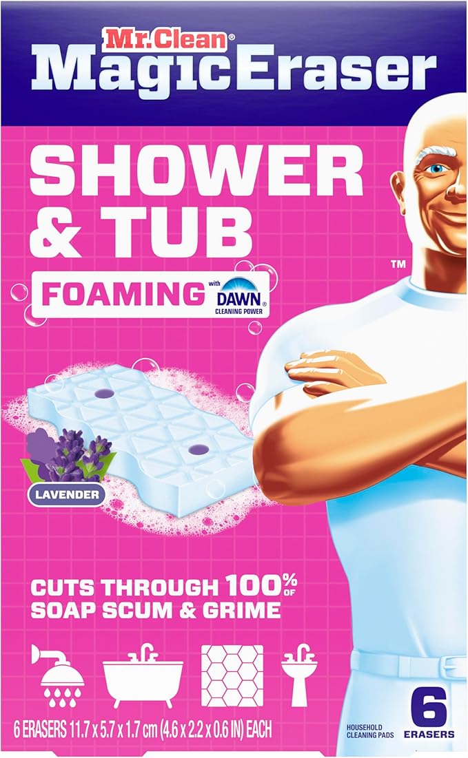 Mr. Clean Magic Eraser Sponge, Bathroom, Shower, Tub Cleaner, Soap Scum Remover, Bathroom Cleaning Supplies, Dawn Cleaning Power with Lavender Scent, Shower & Tub, 6ct