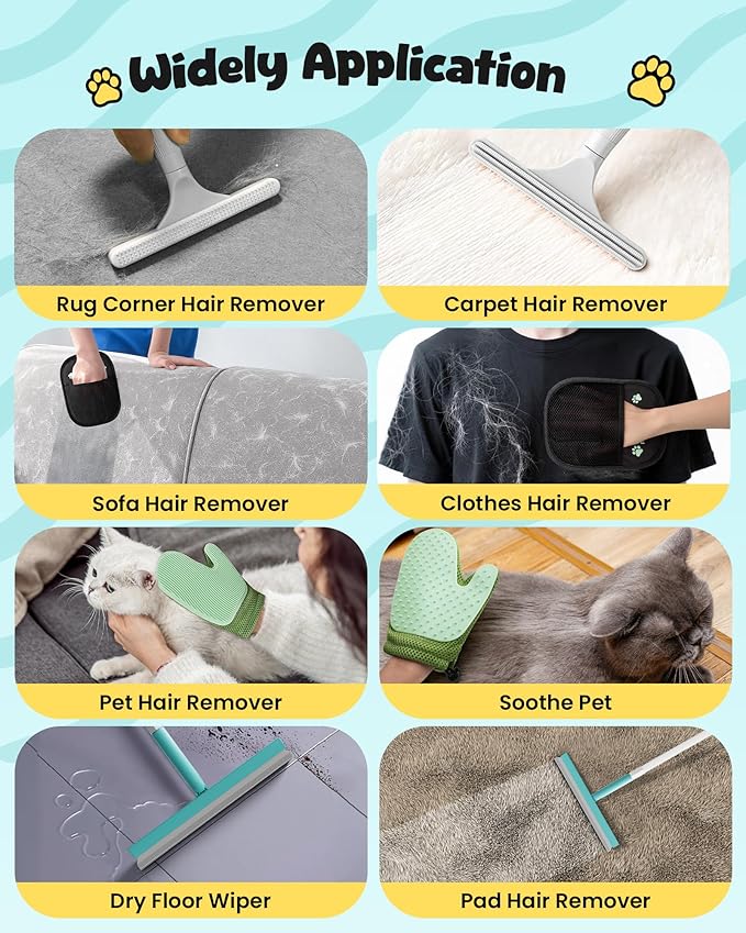 Carpet Rake for Pet Hair Removal Tool - 4 in 1 Pet Hair Remover Kit for Dog Cat Fur Remover, Contain 60" Adjustable Rubber Broom, Glove, Magic Brush and Scraper for Furniture (Blue)
