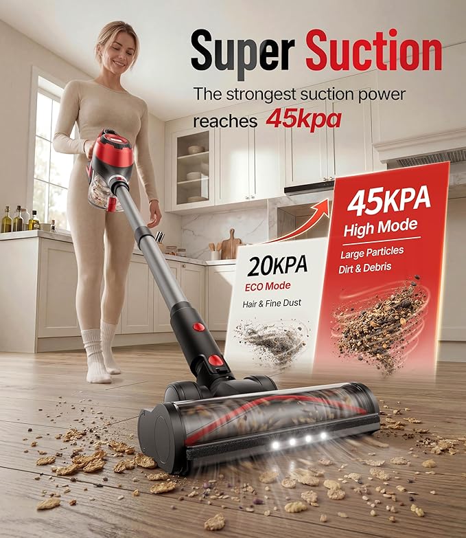 Cordless Vacuum Cleaner for Home, Stick Vacuum 45Kpa, Smart Display & 1.5L Dust Cup, MAX 40mins Runtime, Rechargeable Lightweight Handheld Vavuum for Pet Hair/Carpet/Hardwood Floor/Car (Crimson)