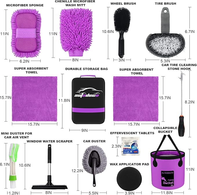 22Pcs Car Wash Cleaning Tools Kit Car Detailing Set with Canvas Bag Purple Collapsible Bucket Wash Mitt Sponge Towels Tire Brush Window Scraper Duster Complete Interior Car Care Kit