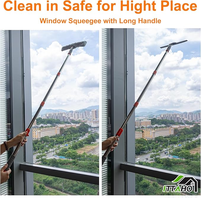 Squeegee for Window Cleaning,12" Squeegee and 11" Microfiber Scrubber Combi with Stainless Steel Pole,Extendable Window Cleaner for Car,Sliding Door,Shower Glass Door-Swivel Style-2 Pads