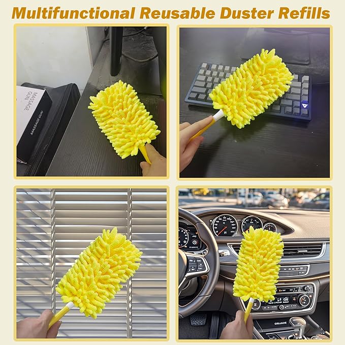 Reusable Duster for Swiffer, 360 Heavy Duty Duster Refill Compatible with Swiffer Hand Dusters for Dusting Furniture, Blinds, Ceiling Fans, Walls and More, 2 Refills +1 Handle, Yellow