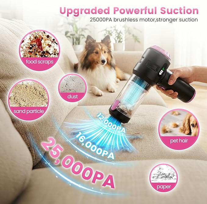 Wansimoo Handheld Car Vacuum Cleaner,25000PA Strong Cyclonic Suction Foldable Mini Vacuum Portable Cordless with Digital Display and One Touch Dust Removal for Car, Home, Office, Kitchen (Purple)