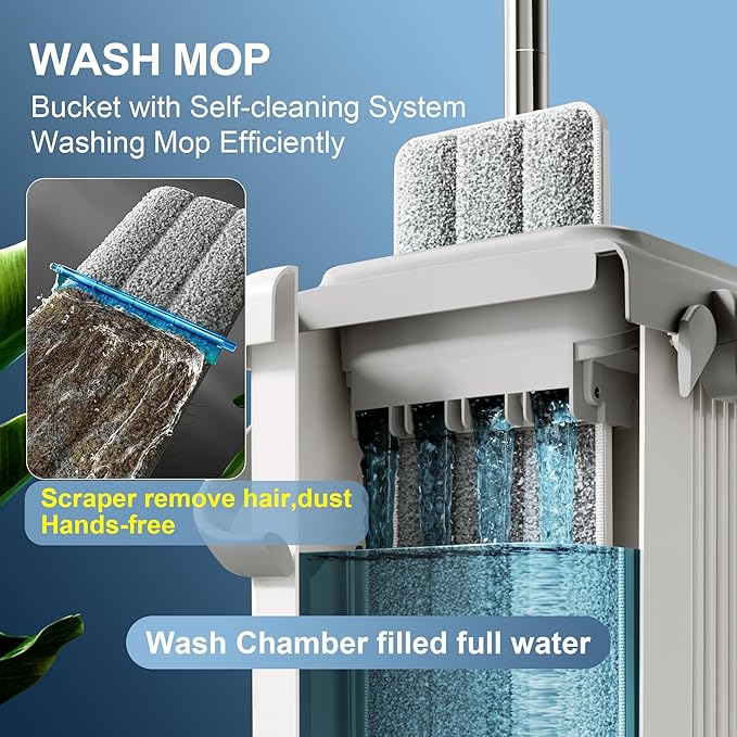 JOYMOOP Mop and Bucket Set for Floor and Wall Cleaning, Commercial and Household Use, Flat Mop System with 60" Dual Mops + 8 Pads