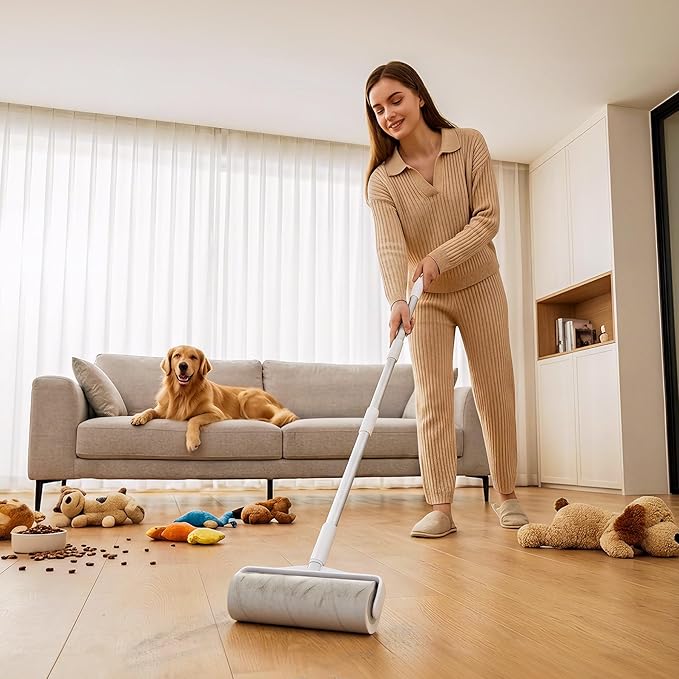 Large Floor Lint Roller with Extendable Long Handle, 9.45" Extra Wide Sticky Roller, 400 Sheets with 3 Refills, Heavy Duty Pet Hair Remover for Floor, Carpet, Couch & Hard-to-Reach Areas