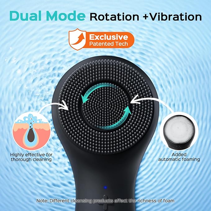 COSLUS FBS03 Face Scrubber Facial Cleansing Brush: 2 in 1 Spin and Vibration Patented, Silicone Electric Exfoliator Scrubber with Automatic Foaming, Waterproof Face Cleanser Brush for Men and Women