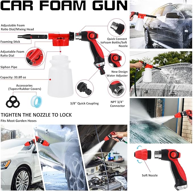 40Pcs Car Wash Detailing Kit Cleaning Kits with Foam Gun Sprayer Vacuum with Long Cord Drill Brush Large Wash Mitt Towels Complete Interior Exterior Car Washing Supply Set Black
