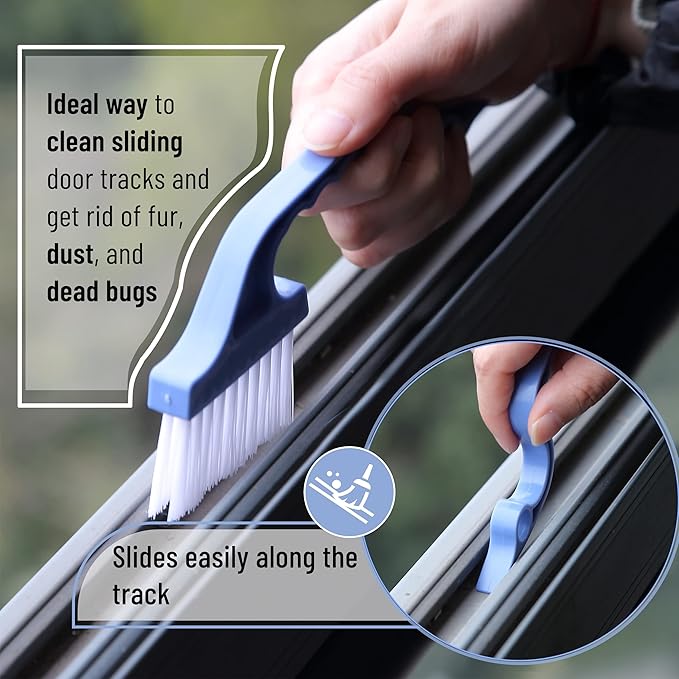 Slick- Window Track Cleaning Brush, 2 Pack, Blue Ergonomic Handle, Built-in Scraper, Multipurpose, Window Track Cleaning Tools