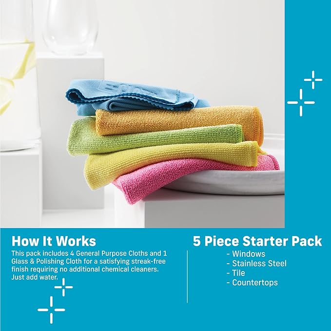 E-Cloth 5-pc Starter Pack- Microfiber Cleaning Cloth Set with Reusable Cleaning Cloth and Glass Polishing Cloth, Assorted Color Microfiber Cleaner for Bathroom, Kitchen, and Car - 1 Pack