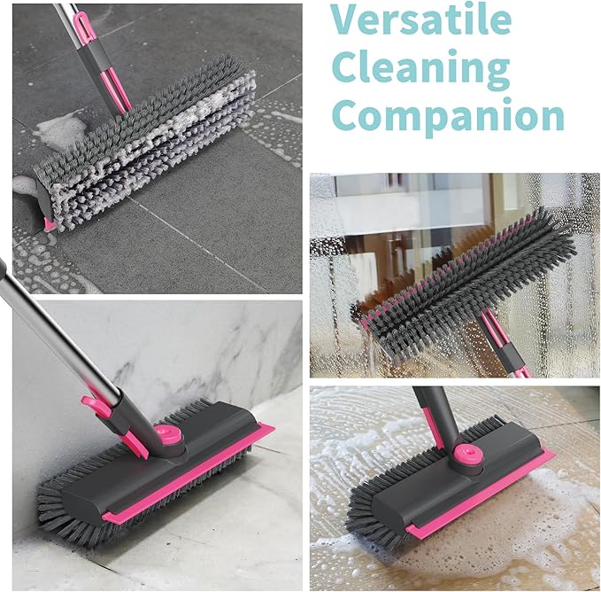 AIR U+ Floor Scrub Brush with Long Handle, 3 in 1 Scrape and Heavy-Duty Stiff Bristle Scrubber Brush for Cleaning Shower Bathroom, Patio, Pool, Garage, Kitchen, Wall and Deck, Gray and Pink