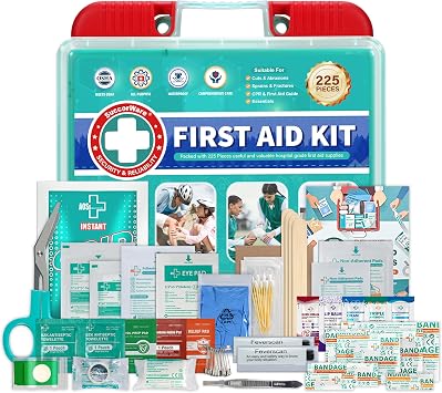 SuccorWare 225 Pieces First Aid Kit, Includes Ice Pack, Adhesive Bandages, Wound Gauze Pads, Portable First Aid Bag for 