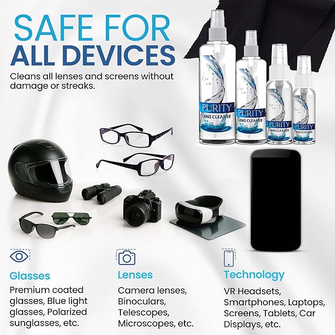 Purity Eyeglass Cleaner Family Pack - Multi-Size Lens Cleaner Kit - 1x1oz, 1x2oz, 1x4oz, 1x8oz Bottles + 4 Premium Microfiber Cloths - Safe for All Lenses, Eyeglasses, & Screens - Streak-Free Formula