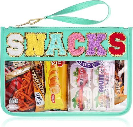 Snack Bag for Travel - Clear Chenille Varsity Letter Flat Pouch with Zipper, 12.2×8.46 inch Waterproof Clear Nylon Prepp