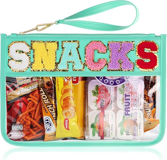 Snack Bag for Travel - Clear Chenille Varsity Letter Flat Pouch with Zipper, 12.2×8.46 inch Waterproof Clear Nylon Prepp